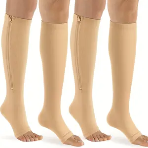 Zipper Compression Socks Women & Men - 2Pairs Calf Knee High 15-20mmHg Open Toe Compression Stocking Suit For Walking