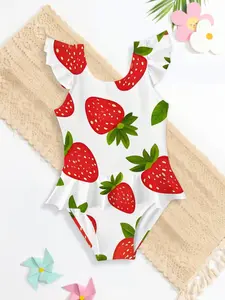 Girls' Strawberry Leaf Fruit Jumpsuit, Slim-Fitting Casual All Season, Sweet Unique Cute Gift for New Year, Bodysuit
