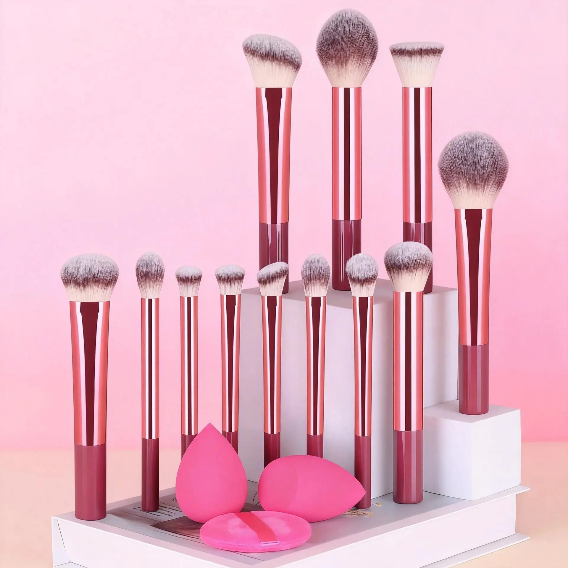 15-Piece Makeup & Cosmetics Brush Set with Beauty Sponge, Soft Bristles Synthetic Makeup Brushes Long Aluminum Tube Powder Brush Eyeshadow Face Makeup Tools for Beginners & Professionals