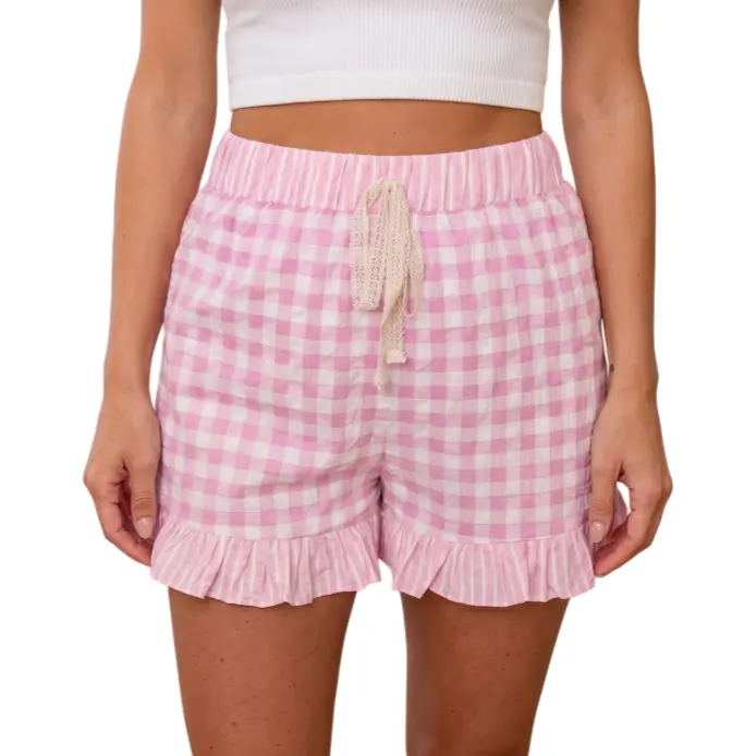 Asvivid Women's Chic Checkered Gingham Bottom Shorts - Essential Loose Ruffle, Striped Print Detail, Lace Tie Fashion Summer Casual Vacation Outfit