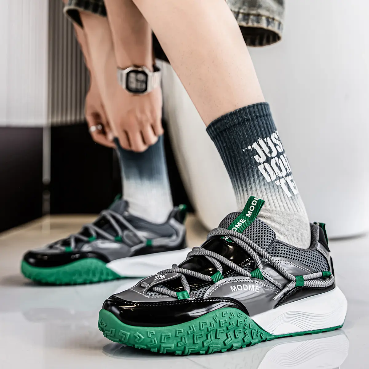 Women's Color Block Dad Shoes Contrast Leather Panels Breathable
