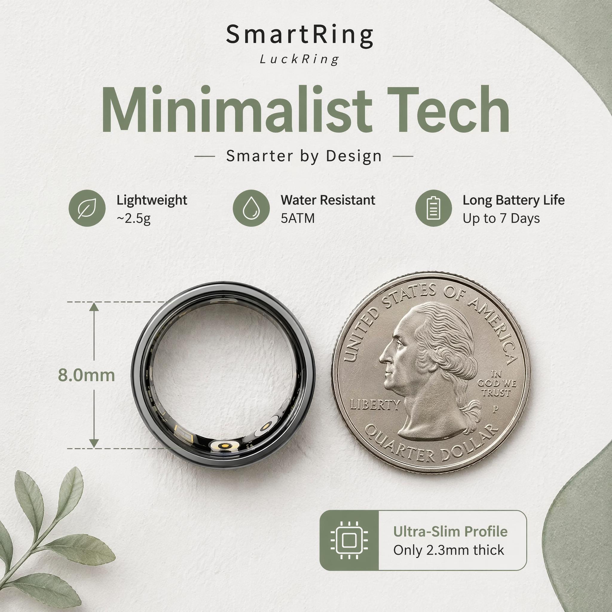 Mirlray Unisex Smart Ring Wearable Tech Fitness Tracker - Blood Oxygen, Blood Pressure, Heart Rate Monitoring, Sleep Tracking with Report, Calorie Tracker, Magnetic Charging, Long Battery, Waterproof, Android App Sync, Gold Size 7 for Adults
