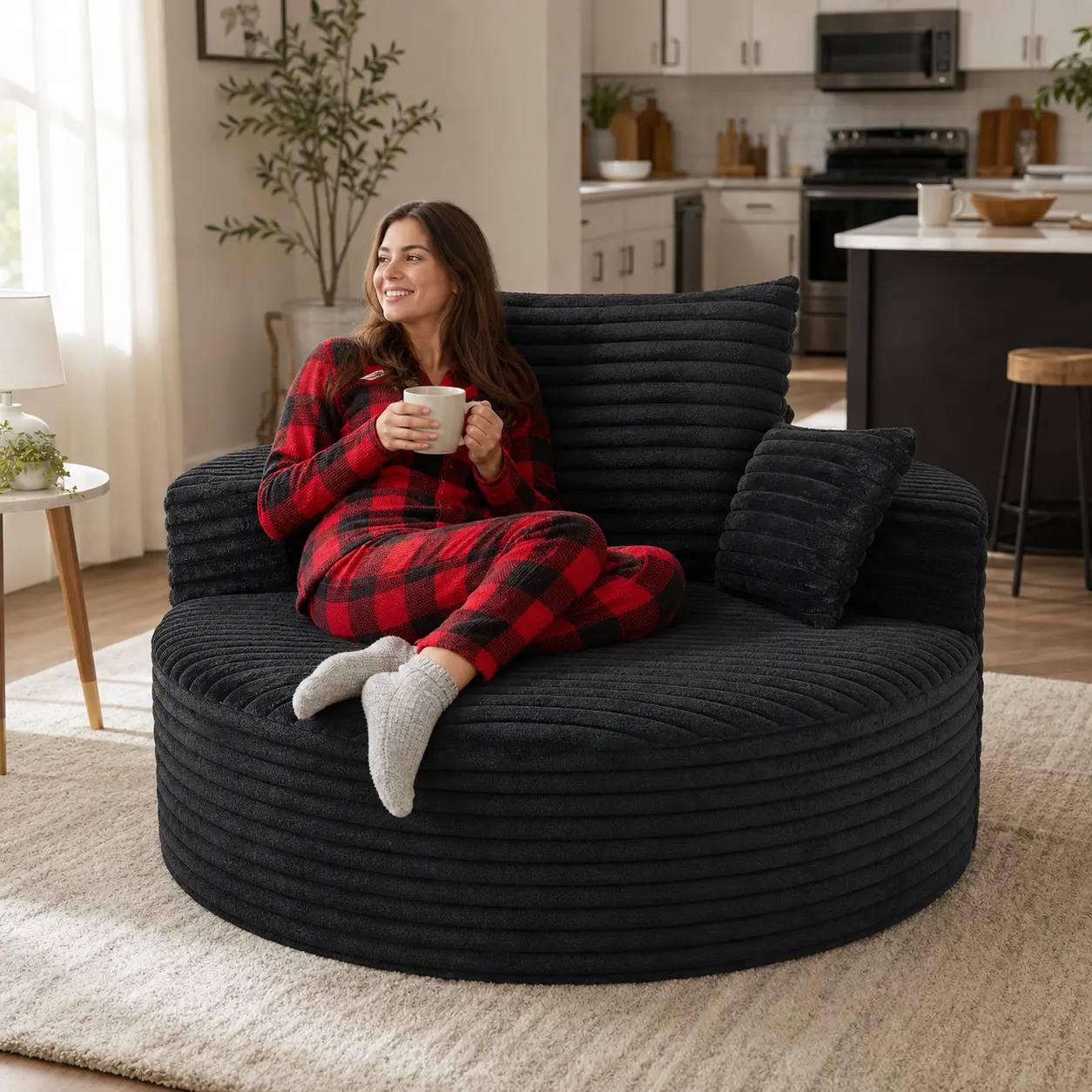 50 in Oversized Round Lounge Chair Sofa, No-Assembly Compressed Cloud Floor Couch with Deep Seat, Soft Ribbed Flannel, Backrest & Throw Pillows for Adults, Bedroom and Apartment