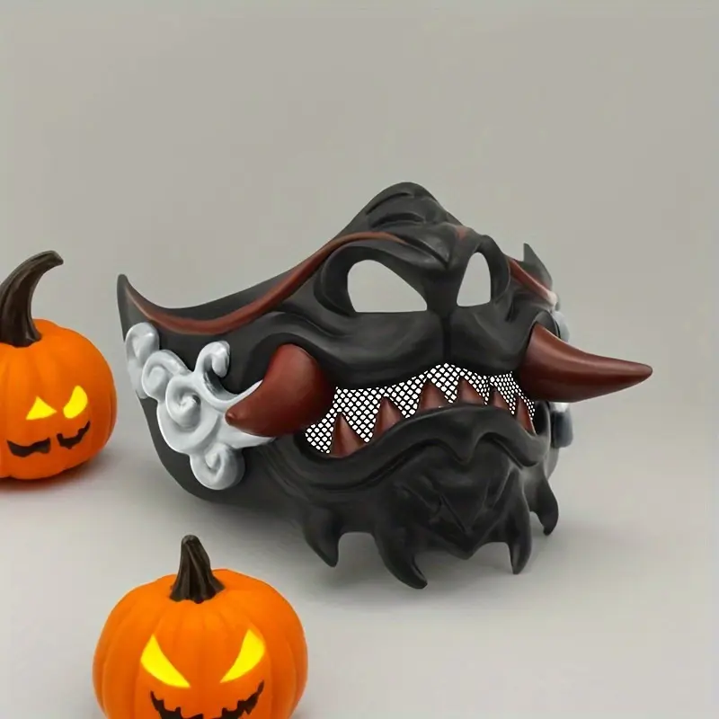 Tactical Samurai Half-Face Mask - 13.5x17cm Lightweight Resin Oni Mask with Mesh Teeth, for Cosplay, Halloween, Airsoft (Sports & Outdoor Accessory)