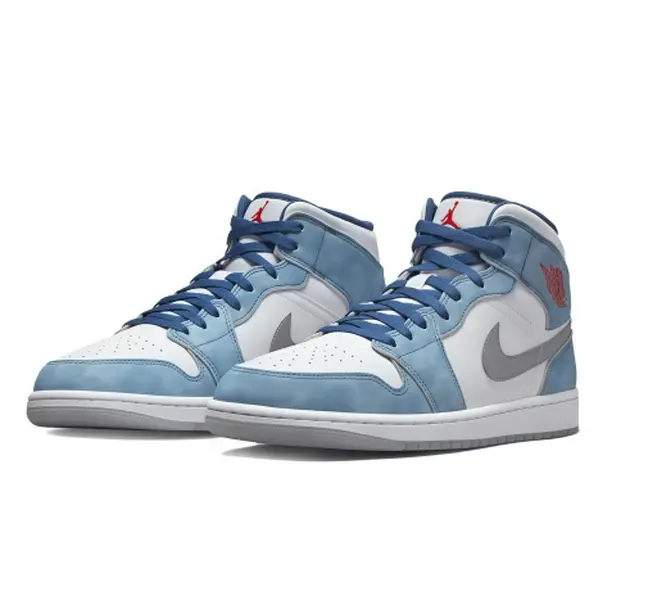 White Light Blue Two-Tone Mid Top Retro Casual Sneakers Unisex Leather Lace Up Cushioned Trainers Trendy Footwear For Commuting, Shopping & Outdoor Walking