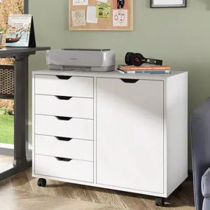 Dresser 5-Drawer Wood Chest For Home Office With Door, Mobile Storage Cabinet And Printer Stand, White Drawer Organizers Back To School Travel Essentials Room Decor