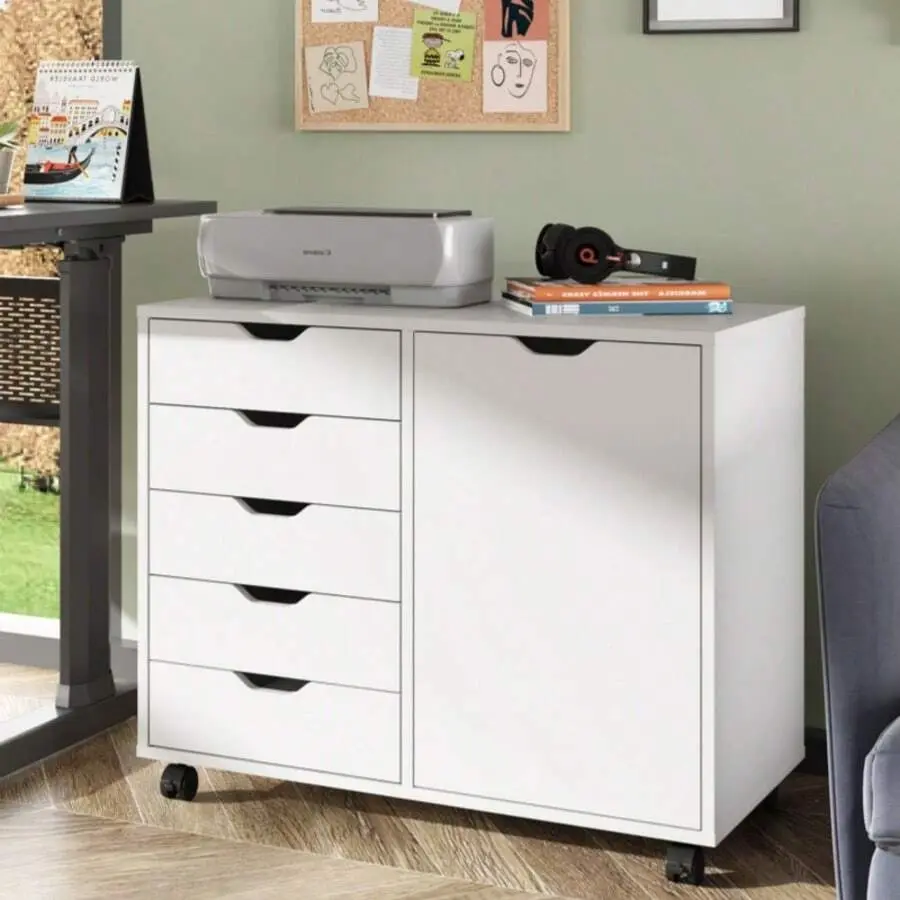 White 5-Drawer Wood Storage Cabinet with Door - Sturdy Particle Board Dresser, Mobile Printer Stand, Storage Organization, Classic 30.8" w x 15.8" d x 25.5" h Home Office Drawer Organizer