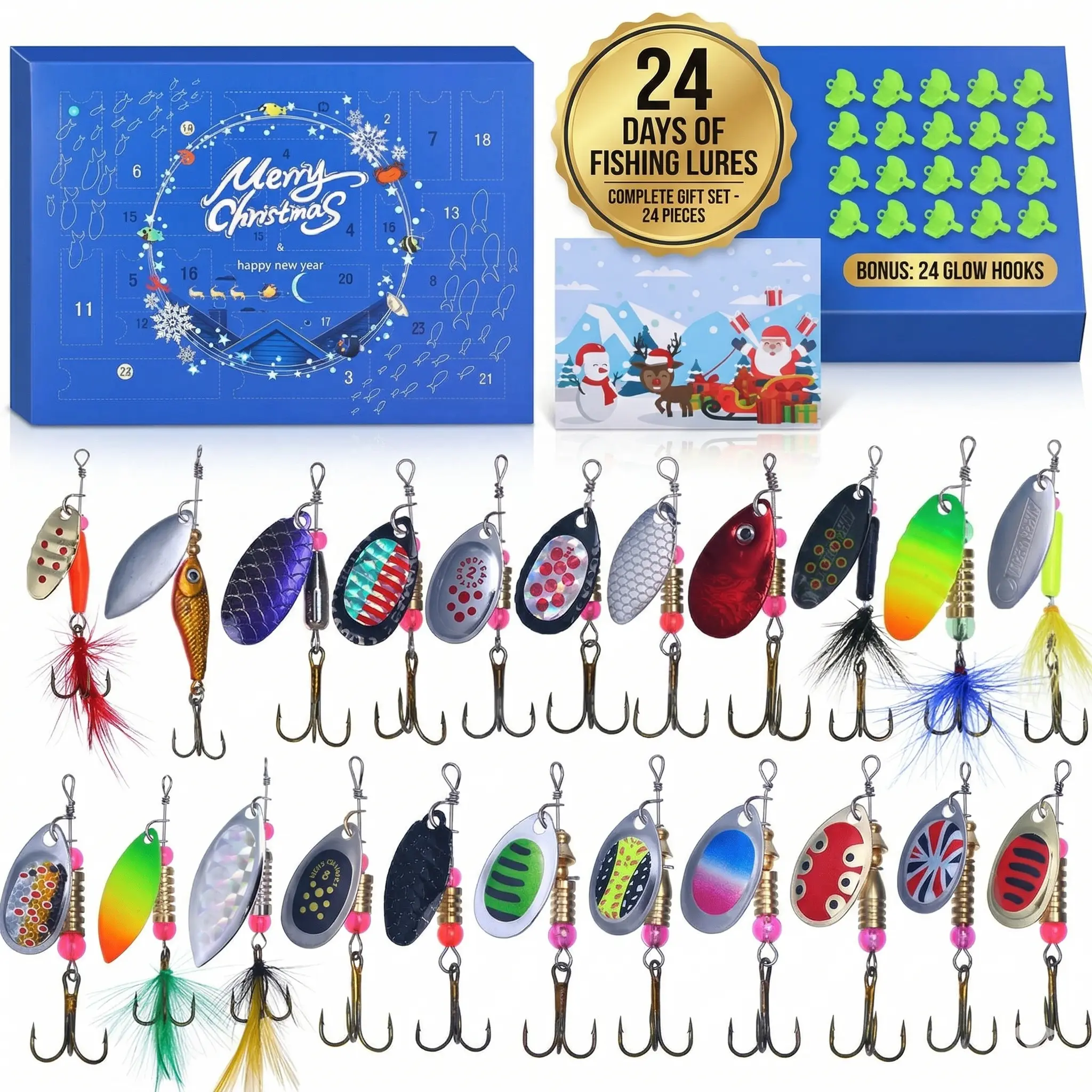 【Apkalyllu】  Christmas Fishing Advent Calendar - 24Pcs Premium Fishing Gear Set With Spinner Lures & Hooks, Creative Xmas Gift For Anglers & Fishing Lovers