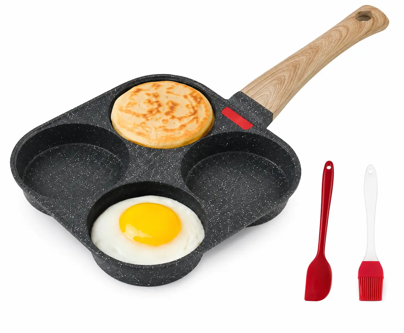 4 Hole Egg Frying Pan Non-Stick Breakfast Pancake Omelette Burger Maker Skillet with Wooden Handle