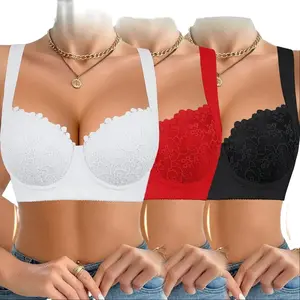 Ecomilky Women's Comfort Push-Up Lace Bra Set 3-Pack Elegant and Sexy Lace Bras with Underwired Cups Non-Removable Padding and Adjustable Straps Customized Womenswear Black + White + Beige Minimalist Style Elegance Everyday Womenswear Customized Lingerie