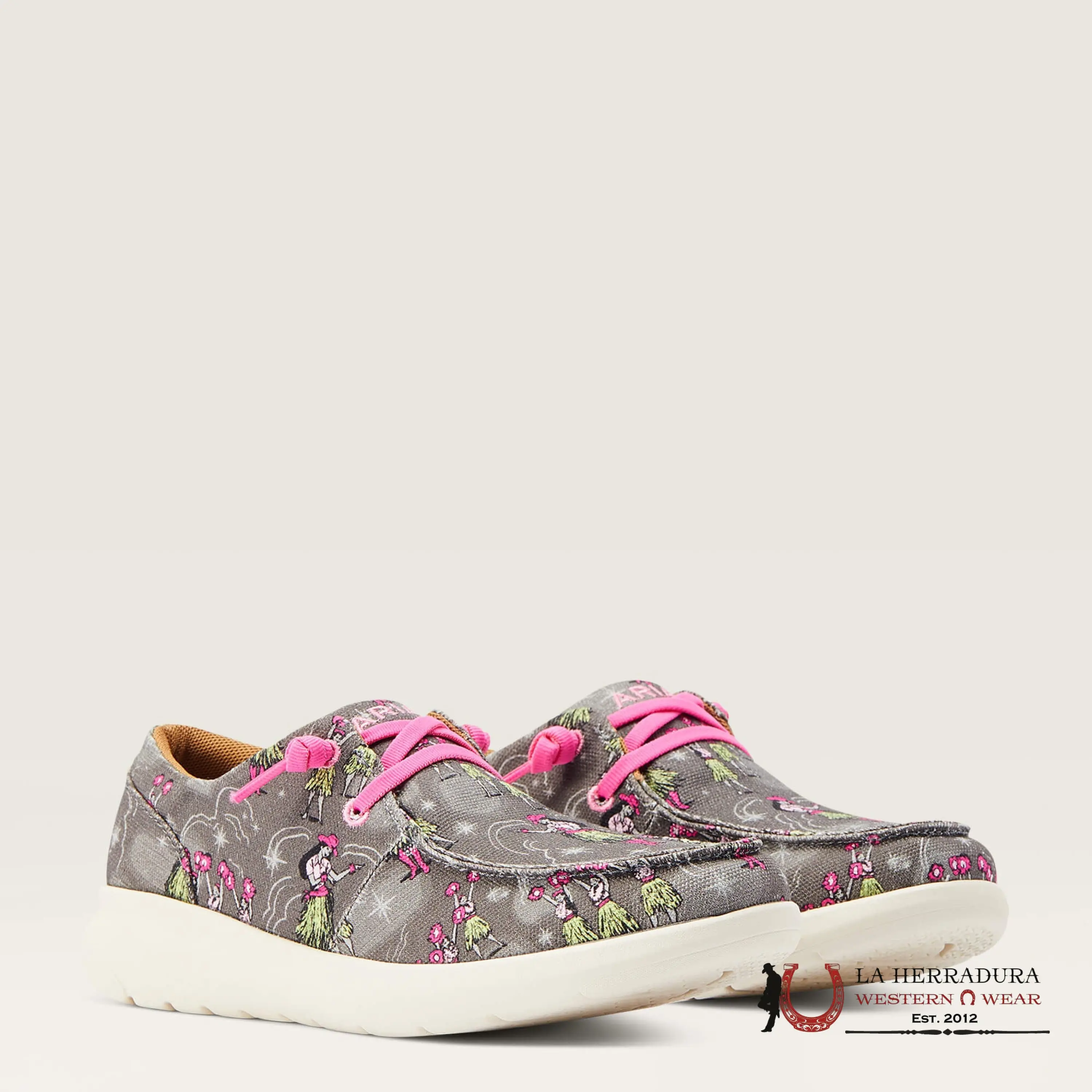 Women's Hula Print Western Shoes, Comfortable Casual Lace-Up Footwear with Pink Laces for Everyday Wear, Shoe, Trainer, Walking Shoes