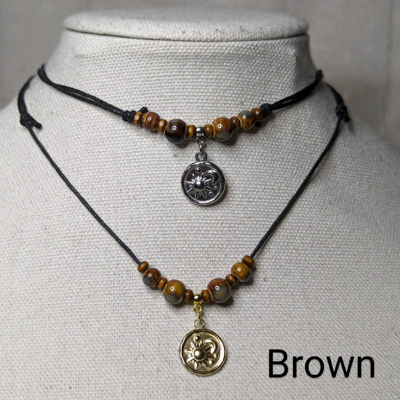 Ceramic Beaded Silver or Gold Moon & Sun Charm Boho Hippie Whimsical Adjustable Black Rope Cord Choker Stacking Necklace