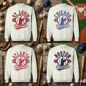 White Vintage Baseball Sweatshirt, Retro Established City Baseball Pullover Sports Unisex Crewneck Sweatshirt Sublimation Print Casual Graphic Top