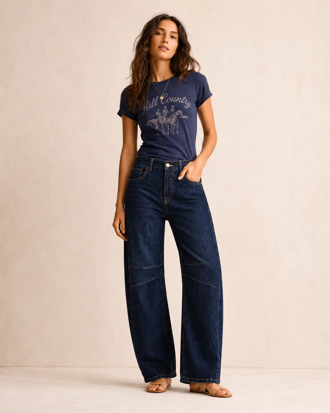 Women's Casual Barrel Leg Jeans in Dark Wash, Stretch Cotton Denim with a Structured Ankle Fit, 27" Inseam, Bottoms, Denim Pants, Relaxed Fit, High Waist, Western‑Modern Mix