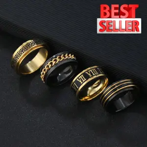 Set of 4 fashionable Roman numeral decorative rings for men Black gold ring set suitable for daily use, festival jewelry