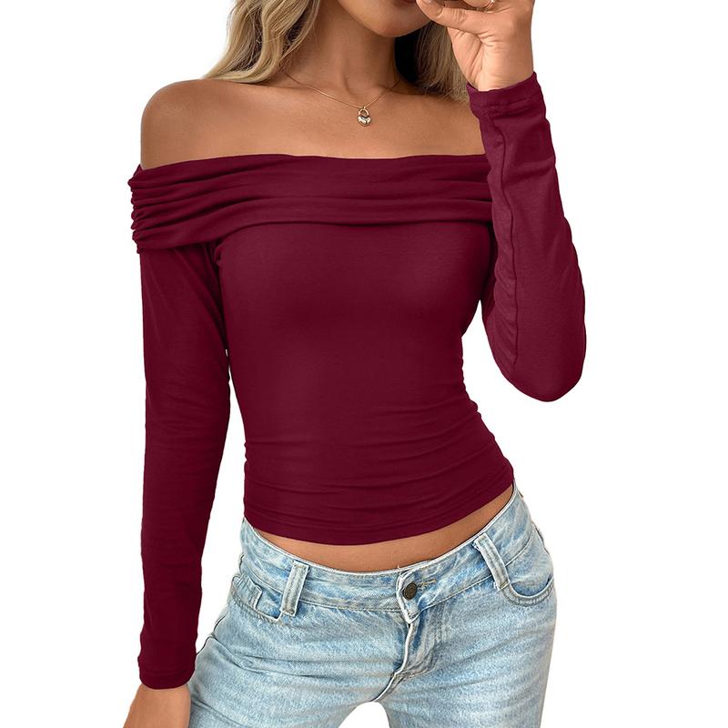 Women's Off The Shoulder Long Sleeve Ruched Slim Fit Crop Top