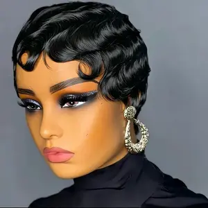 Human Hair Finger Wave Wigs Short Wavy Finger Wave Pixie Cut Wigs full machine Wavy Wig Brazilian Human Hair Wigs Finger Ocean Wave Wig 180% Density#SummerVibes