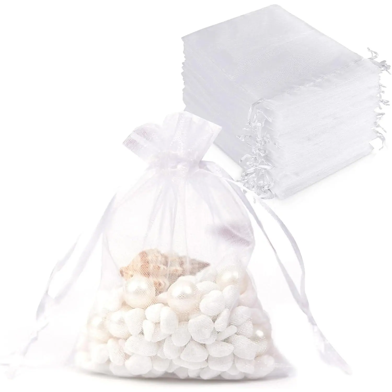 100-Count Classy Sheer Synthetic Organza Drawstring Cord Bags, 4.72x4in Small White Mesh Bags for Wedding Gifts, Party Favors (Scent-Compatible, Wrapping Supplies for Soaps, Makeup, Candy, Free Samples Included), Dainty