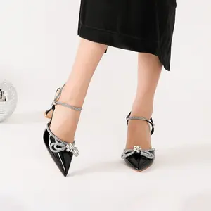 Susanny Women's Closed Toe Rhinstone Wedding Low Heel Slingback Clear Kitten Heels,Adjustable Strap Pointed Toe Bow Pumps High Heeled Prom Dress Shoes