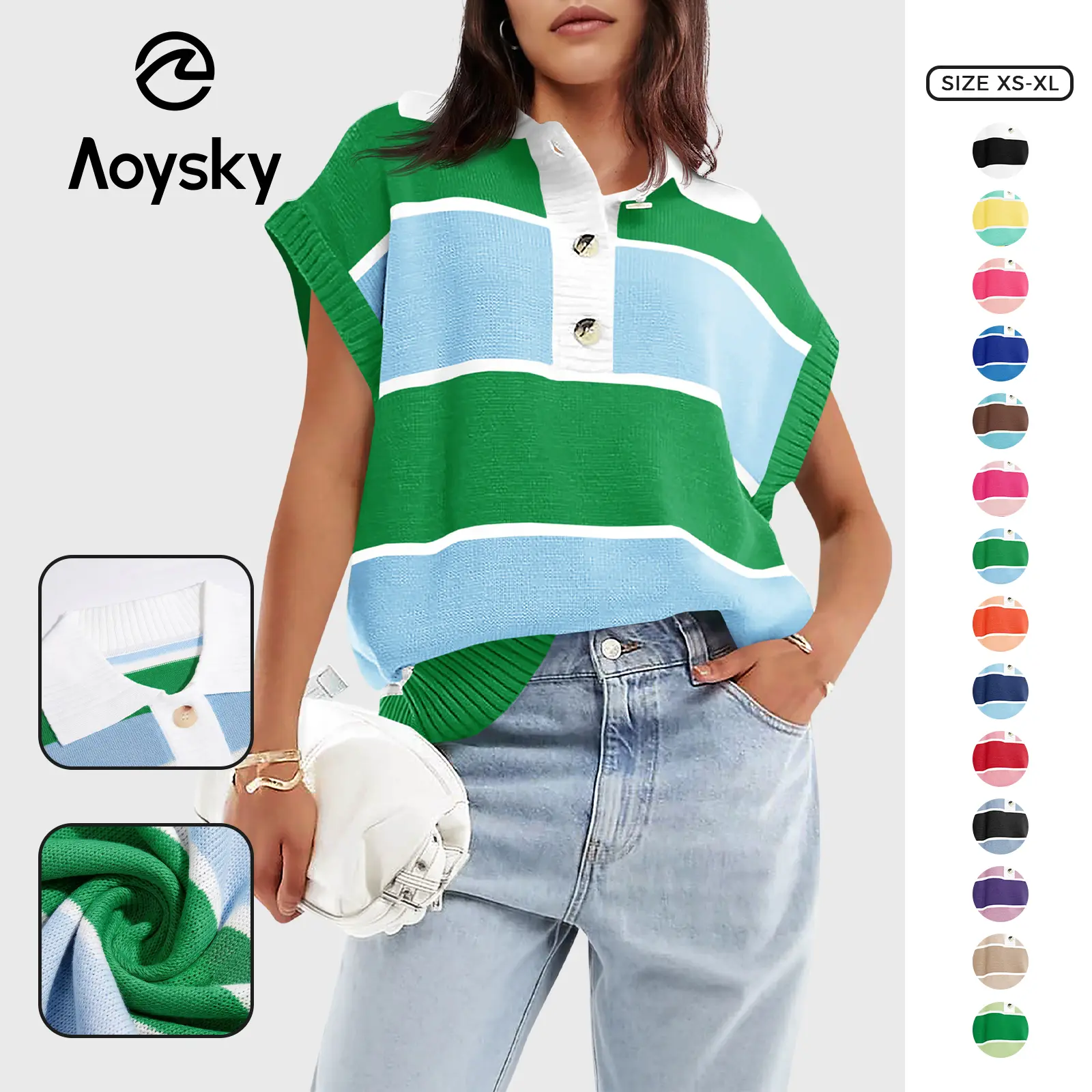 Aoysky Women's Fitted Collared V-Neck Button-Down Striped Shortsleeve Knit Top with Pockets, Casual Knitwear, Checkered Pullovers,summerwins,summeroutfits,vacationoutfits,beachoutfits,back to school,back to school shopping