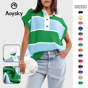 Aoysky Women's Collared V-Neck Button-Down Striped Short Sleeve Knit Top with Pockets, Casual Womenswear