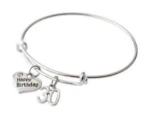 30th Birthday Bracelet Happy Birthday Expandable Bangle, Silver Charm Bracelet with Number 30, Milestone Birthday Gift for Her