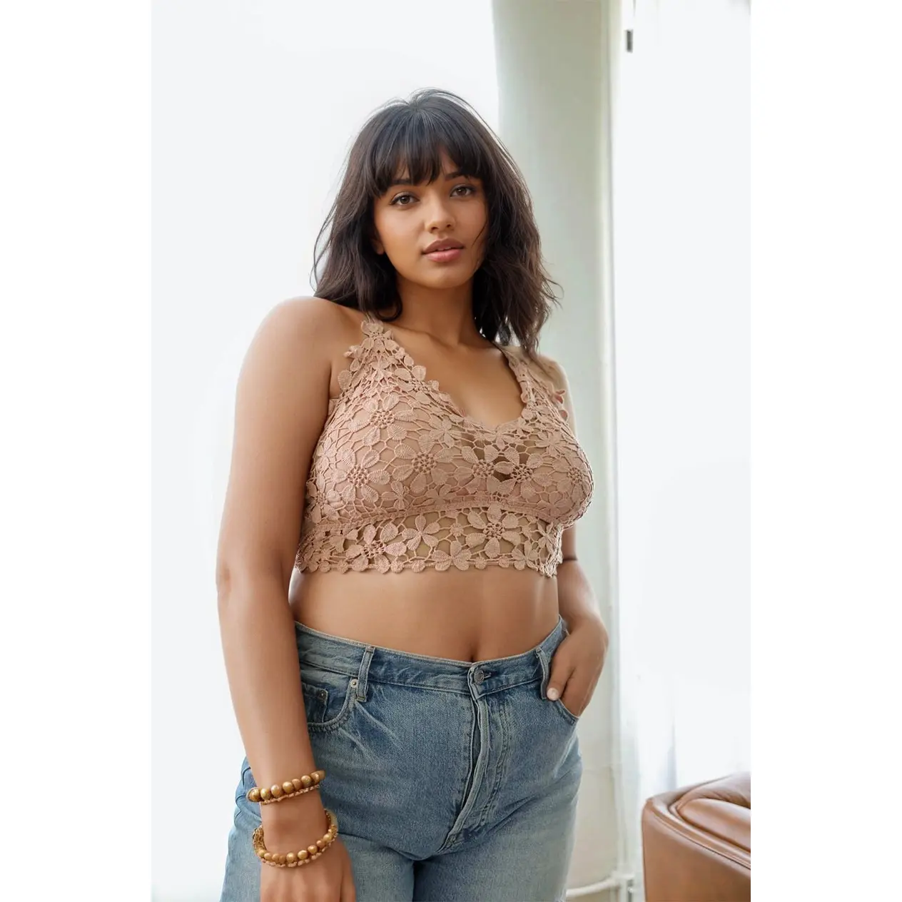 Crochet Daisy Longline Bralette Plus - Comfortable Cotton Womenswear, Lightweight Design, Summer Wear, Cute Style