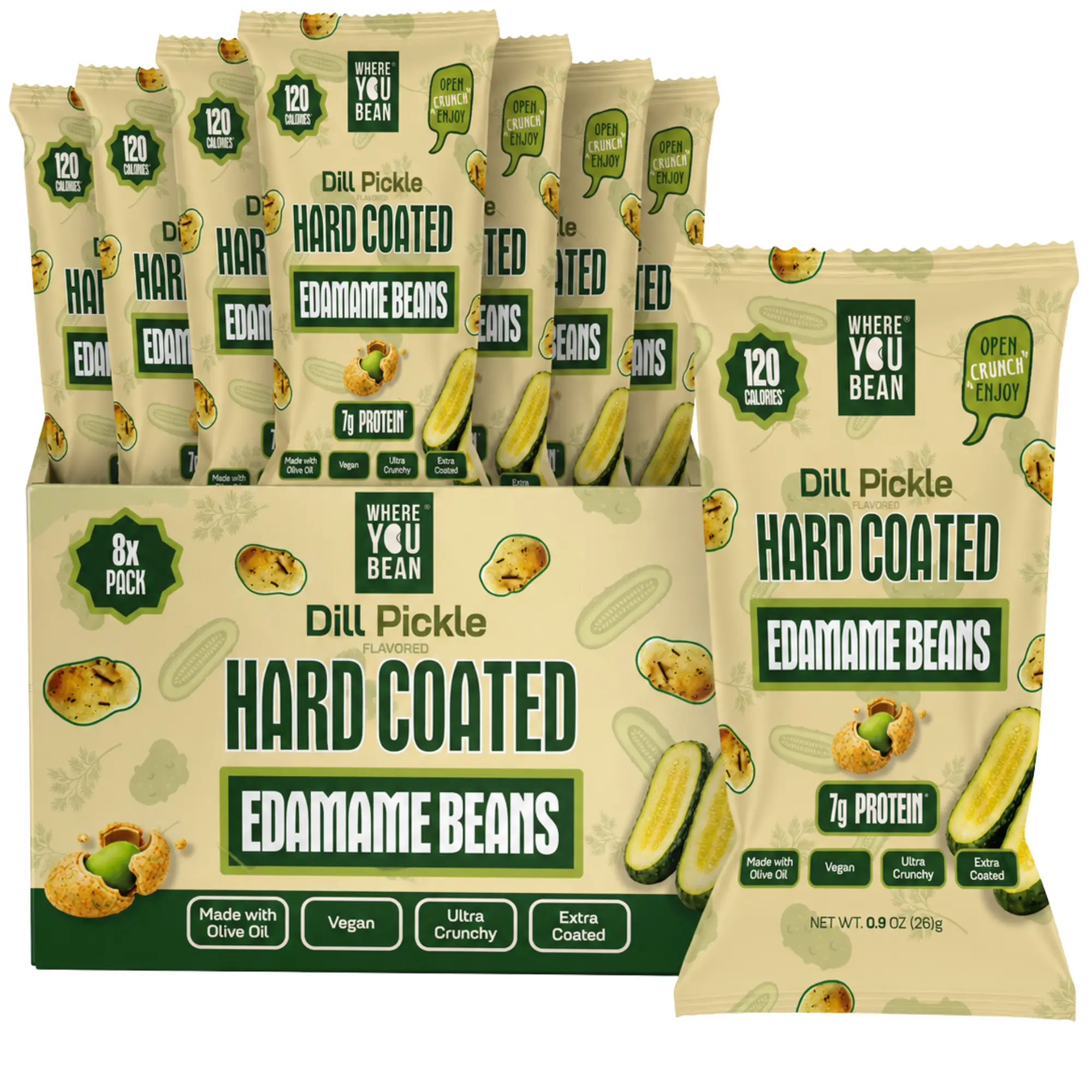 Where You Bean Crunchy Coated Dill Pickle Flavor – Dry Roasted Savory Edamame (8-Pack) | 7g Plant Protein, Low Carb, Crunchy Healthy Vegan Snack