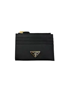 Pre-owned PRADA leather Small Leather Goods Saffiano Zip Card Holder Black PDA01