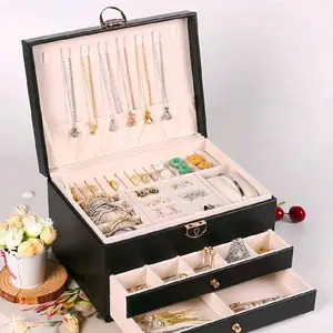 3-Layer Jewelry Box With Lock, Jewelry Organizer For Necklaces, Rings, Earrings Display