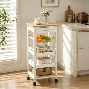 Mobile Kitchen Cart Rolling Kitchen Island with Storage Solid Wood Frame Wire Fruit Baskets Trays and Drawer White for Home Essentials Kitchen Supplies Kitchen Organization Fathers Day Gift Graduation Gifts 2026 Cool Stuff for Room