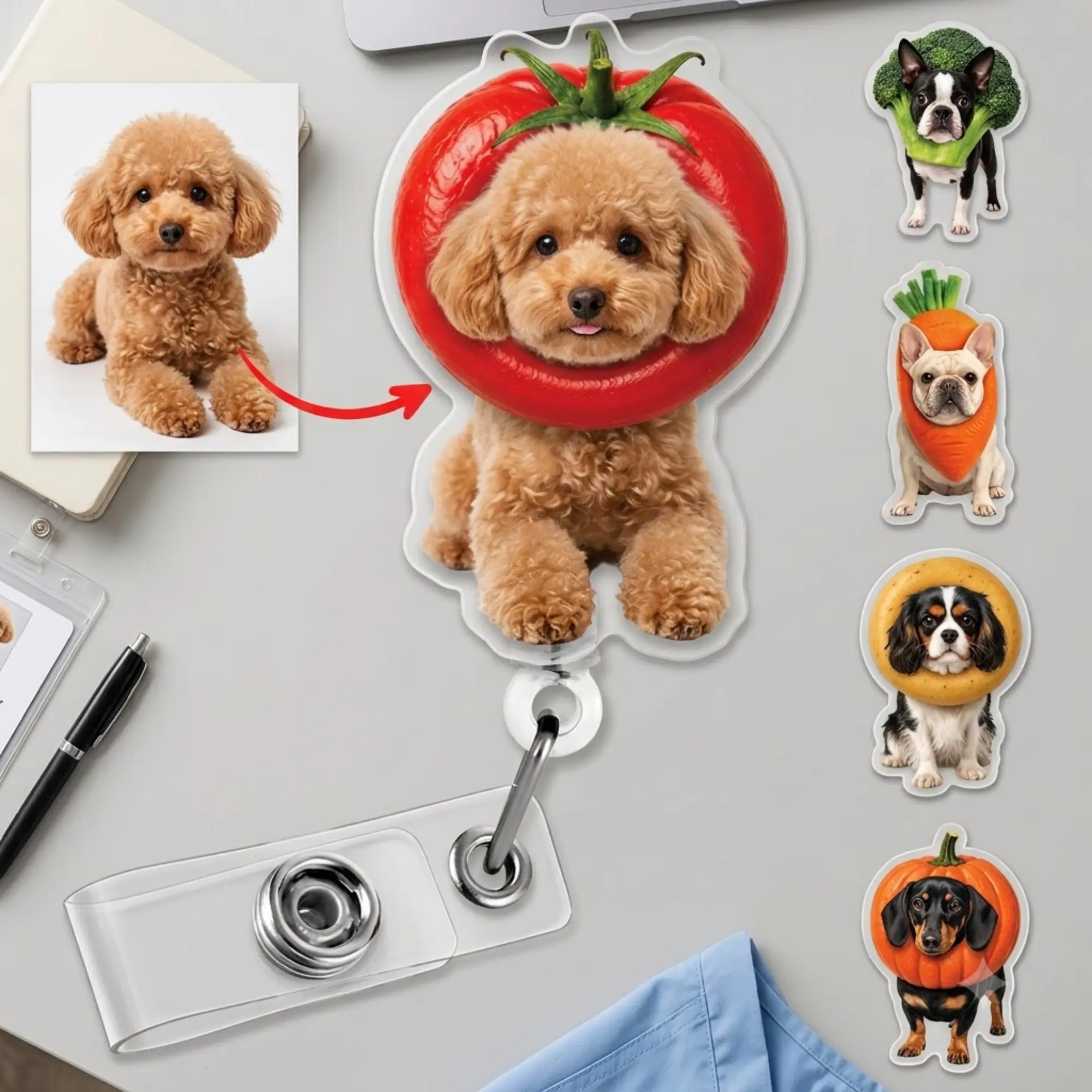 Custom Pet Photo Food Costume Badge Reel, Cute Pet Portrait ID Reel, Nurse Teacher Accessory, Custom Animal Gift