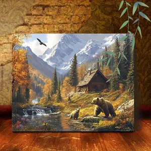 1pc Wooden Framed Canvas Painting Mountain Cabin Bears River Fall Scenery Art Prints Wall For Bedroom Living Room Home Decor Wildlife Nature Landscape Canvas Print Poster Picture With Framed Ready to Hang Gift
