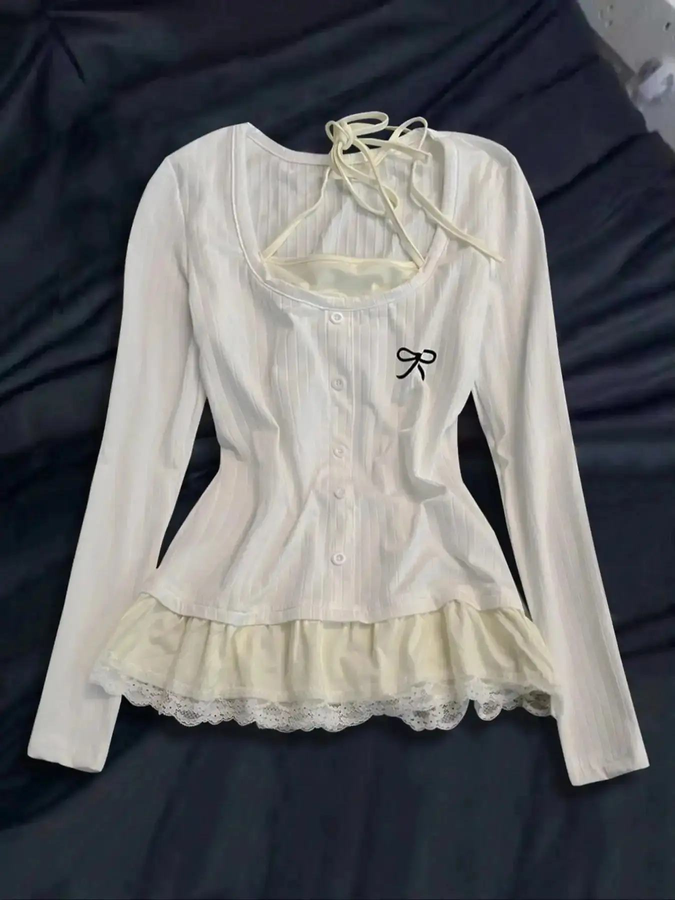 Sophisticated Y2K Women's Harajuku Aesthetic Vintage Two-Piece Design Top, Blouse, Casual Lace Long Sleeve Shirt, 2000s Spice Babe Strapless Tee, Fall Winter T-Shirt, effortless layering, chic everyday, refined casual