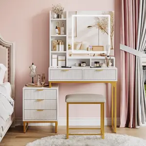Gold Vanity Makeup Desk, Vanity Set with Mirror and 3-Mode Lights, 5 Drawers Vanity Table with Removable Side Storage Cabinet, Stool for Bedroom