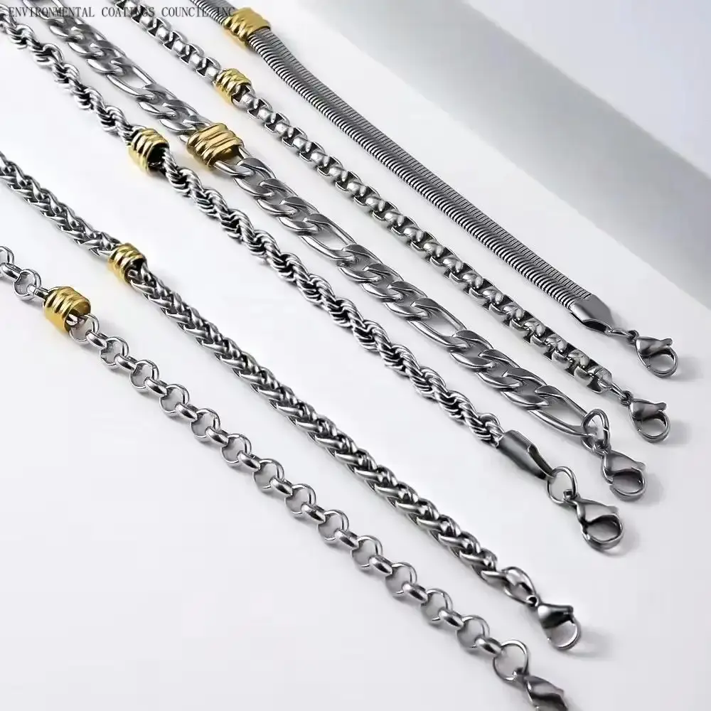 Men's Stainless Steel Bracelet Set, 6-Piece Oxidation-Resistant Cuban Link & Figaro Chains, 7-Inch able Streetwear Jewelry, able Bracelet Style, Metal Bracelet