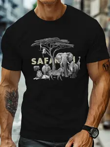 Men'S Wild Animal Print Round Neck T-Shirt - Lightweight Short-Sleeve Top Featuring Designs of Elephants, Zebras, And Giraffes, Perfect for Casual Outdoor Adventures, Vibrant And Stylish Animal-Themed Men'S Short-Sleeve T-Shirt