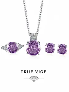 "Rose Cut Amethyst • Dazzling Set" Millennium rose-cut octagonal ring, earrings & necklace set, exquisite and sparkling high-carbon diamond jewelry. Ideal gift for dates, perfect for daily wear, vacations & banquets.