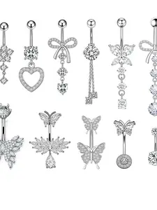 14G 10mm Navel Piercing Jewelry Set, CZ Belly Button Rings, Dangle Butterfly Heart Bowknot Belly Piercing for Women Girls, Hypoallergenic Navel Barbell Body Jewelry for Summer Beach