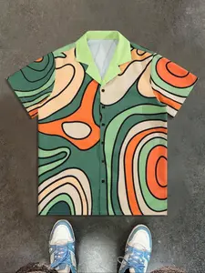 Men's Regular Fit Abstract Print Short Sleeve Shirt, Casual Style Shirt, Casual Button Collar Top for Summer, Fashion Men's Clothes for Daily Wear, Tropical, Button Down Shirt, Casual Button Up, Casual Button Collared