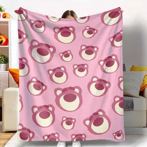 Adorable Pink Bear Flannel Blanket Cute Cartoon Animal Pattern Ultra Soft Lightweight Breathable Fuzzy Texture Perfect for Cozy Bedroom Bedding Living Room Sofa Nap Warm Office Travel Camping Gift