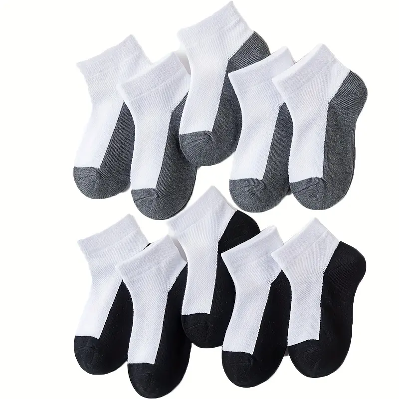 Kids' Ankle Socks 10-Pair Pack - Breathable Mesh Polyester Socks for School, Sports, 0-2 Years Old, Black, White, Gray, 10 Pairs Black