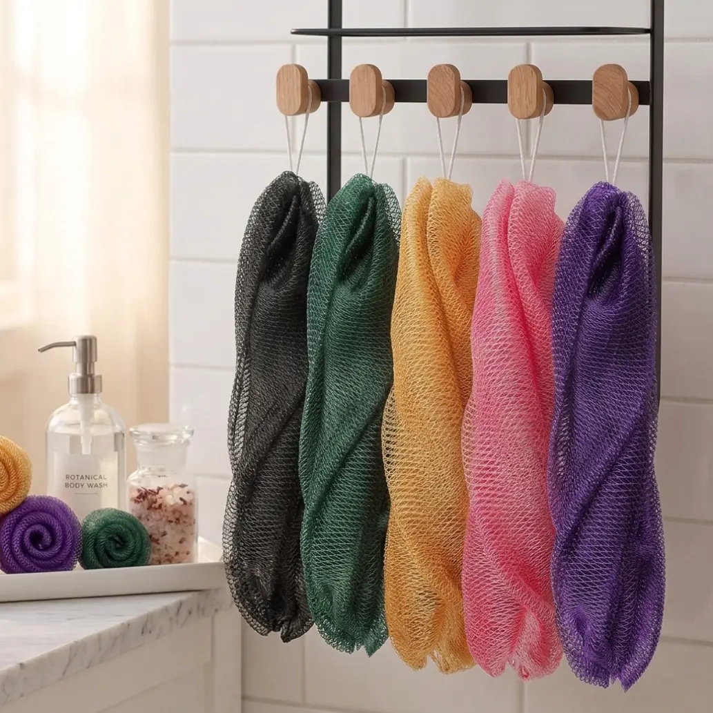 Quick-drying exfoliating shower net - Hygienic body sponge, creates smooth and luminous skin, easily cleans the back, quick-drying design
