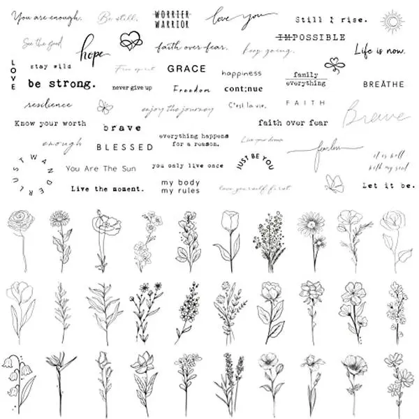 TATUWST Realistic Temporary Tattoos - 60 Sheets Tiny Small Removable Tattoos, 30 Pcs Inspirational Quotes Words Tattoos, 30 Pcs Wild Flower Ink Line Botanical Floral Leaf Tattoo Stickers for Women