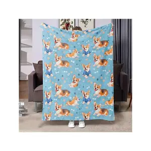 Adorable Corgi Dog Print Blue Flannel Throw Blanket – Soft, Warm & Playful for Pet Lovers
