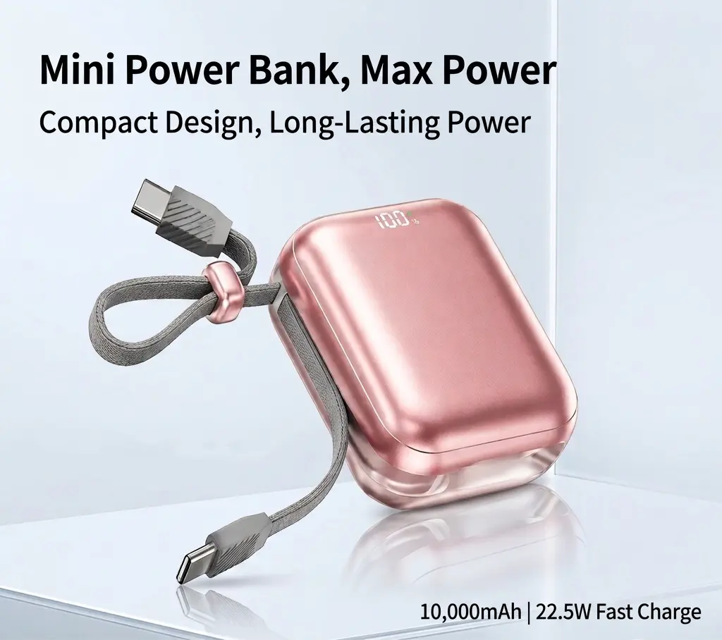 Mini Power Bank 10000mAh with Built-in Cable, 22.5W Fast Charging Pocket Size Portable Charger for iPhone & Android