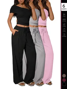 Women's 2 Piece Loungewear Set, Off-Shoulder Top & High-Waisted Wide-Leg Pants, Comfortable Fashion Casual Wear for Daily Use