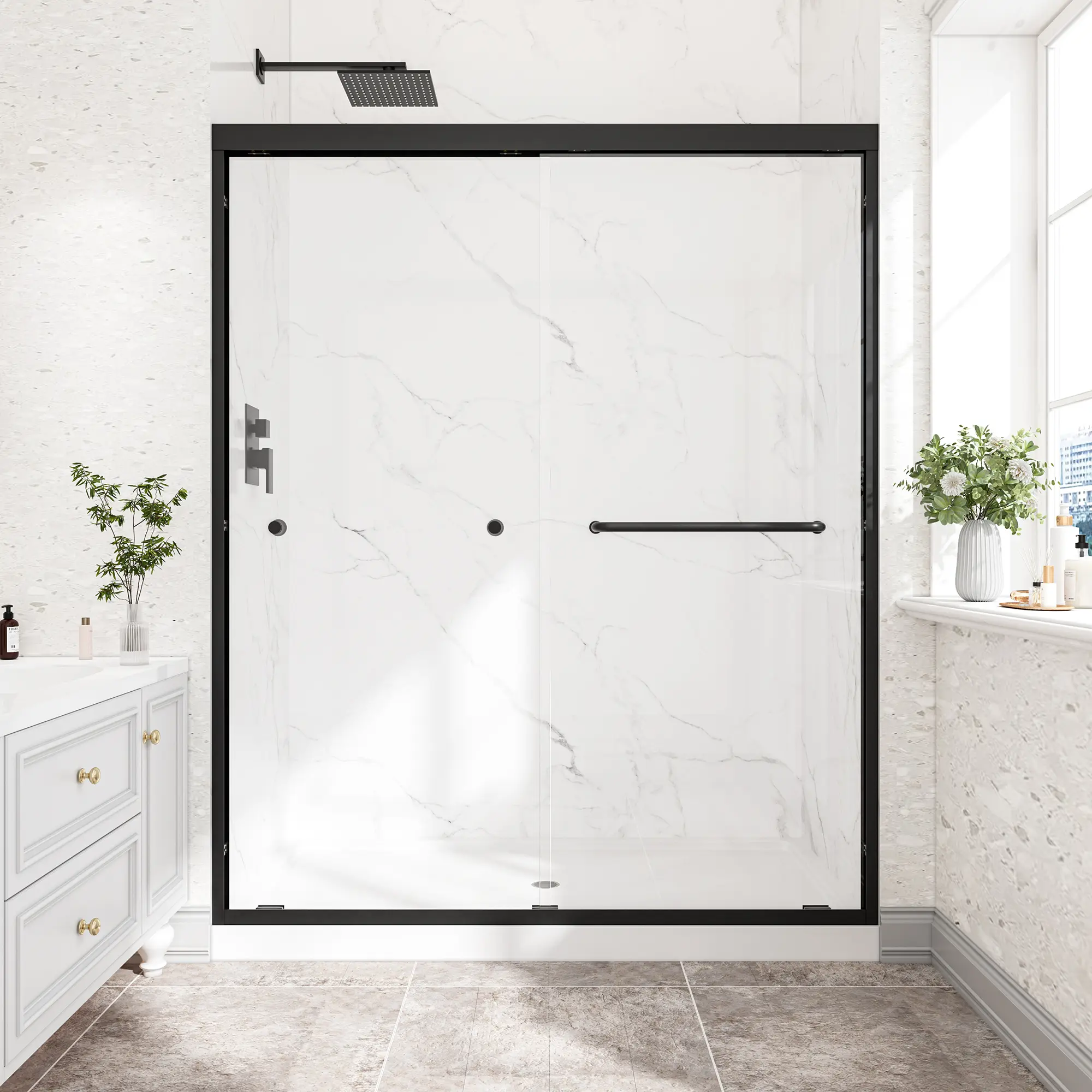55-60" W x 72" H Matte Black Double Sliding Shower Door - Heavy-Duty Aluminium Frame, 6mm Safety Tempered Anti-Shatter Glass with Nano Coating, Reversible Install, Quiet Rollers, Corrosion-Proof, Hardware Included, Easy Assembly