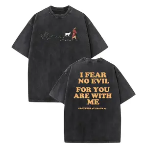 Heavyweight Round Neck Short-Sleeve Pure Cotton T-Shirt, Distressed Retro Vintage Creative Follow Jesus Digital Print, Festive Christmas Menswear, Falling Shoulder Double-Sided Casual Streetwear