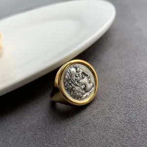 Unisex Ring with Embossed Hercules Ancient Coin Design - Double-Sided Fashion Band Open and Adjustable Vintage Rings